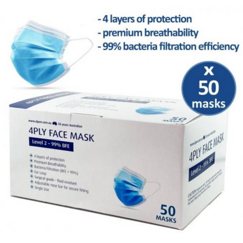 Face Mask 4 Ply Level 2R Surgical Grade (Retail Barcoded) - Box of 50
