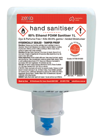 Zexa 9730 Foaming Hand Sanitiser 1,200 pumps per 1L - Box = 6 x 1L ***CLEARANCE***