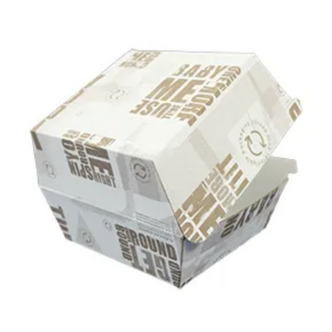 Original Enviro Series Printed Cardboard Burger Boxes Brown Cardboard 105mm(L) x 105mm(W) x 85mm(H) - Box of 250