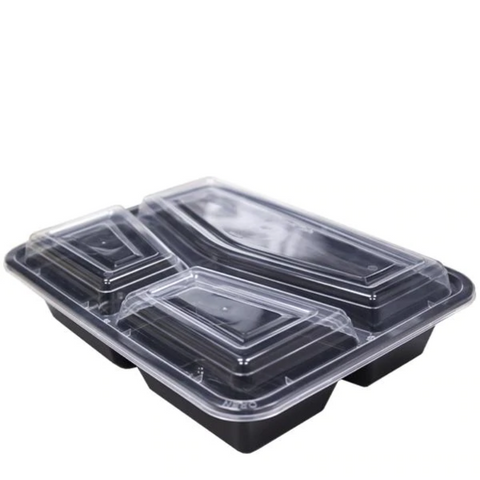 3 Compartment Plastic Takeaway Container Back Base / Clear Lid Microwave Safe - Sets of 150 (Base and Lid)