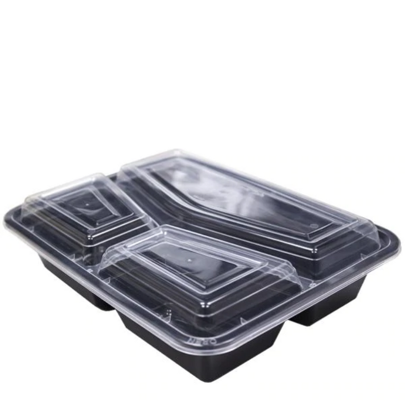 3 Compartment Plastic Takeaway Container Black Base / Clear Lid Microwave Safe - Sets of 150 (Base and Lid)