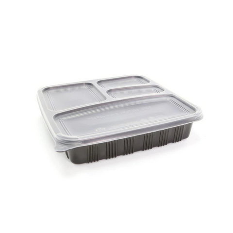4 Compartment Plastic Takeaway Container Back Base / Clear Lid Microwave Safe - Sets of 150 (Base and Lid)