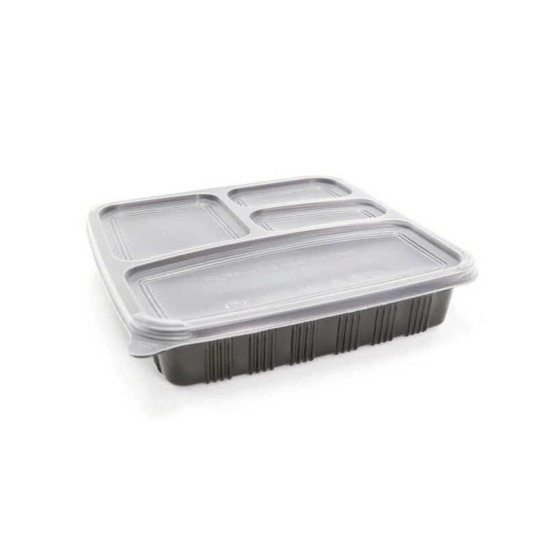 4 Compartment Plastic Takeaway Container Black Base / Clear Lid Microwave Safe - Sets of 150 (Base and Lid)