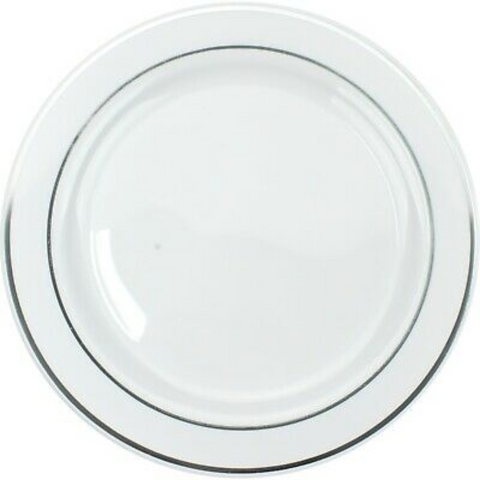 White Party Plate with Silver Rim 9" / 225mm - PACK=12 / BOX=240 - CLEARANCE!