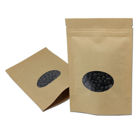 250gm Brown Kraft Stand-up Pouches with Oval Window 160x230x45 - Box of 500