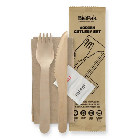 Biopak Natural Wooden Cutlery Set with Knife, Fork, Spoon, Napkin, Salt & Pepper Set (Paper Wrapper) - Box 400