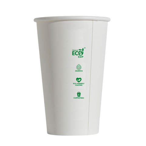 Truly Eco 16oz / 480ml WHITE Single Wall Coffee Cups 90mm Diameter, Home Compostable, Aqueous Coated - Box of 1,000