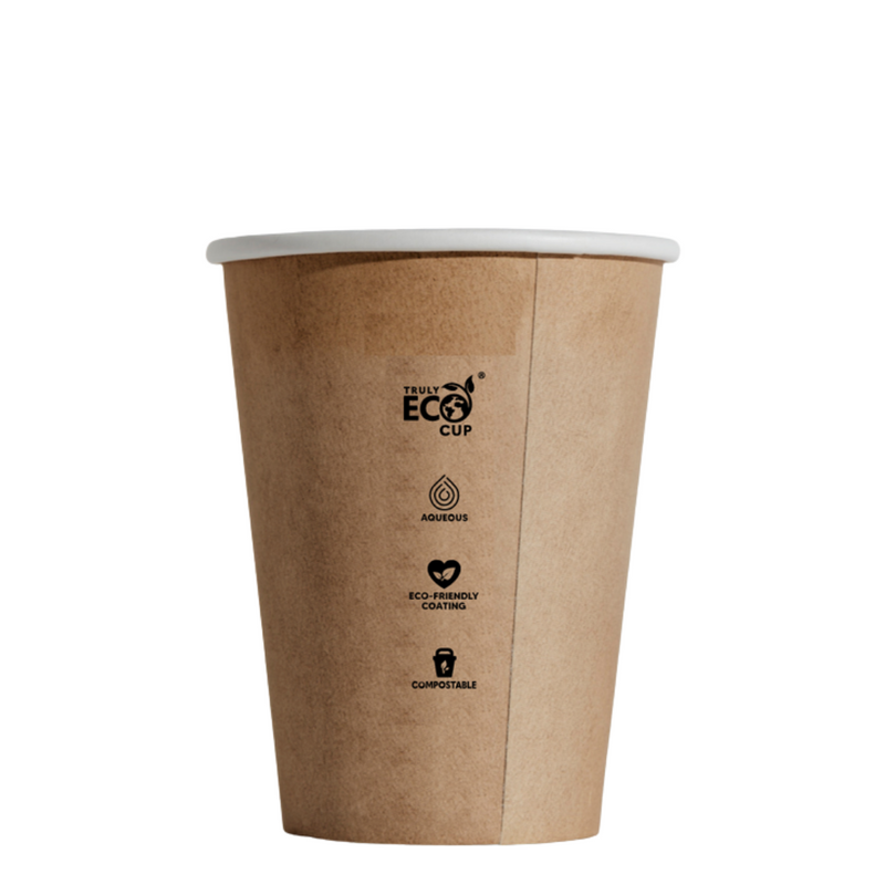 Truly Eco 12oz / 400ml KRAFT SINGLE WALL Coffee Cups 90mm Diameter, Home Compostable, Aqueous Coated - Box of 1,000