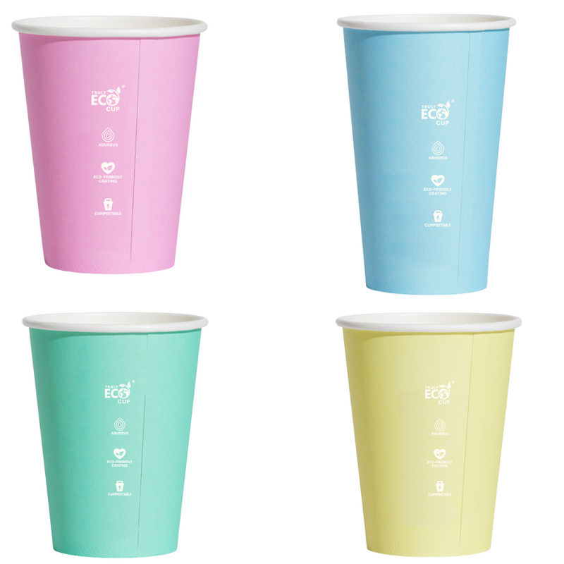 Truly Eco 12oz / 400ml PASTEL Single Wall Coffee Cups 90mm Diameter, Home Compostable, Aqueous Coated - SLEEVE=50 / BOX=1,000