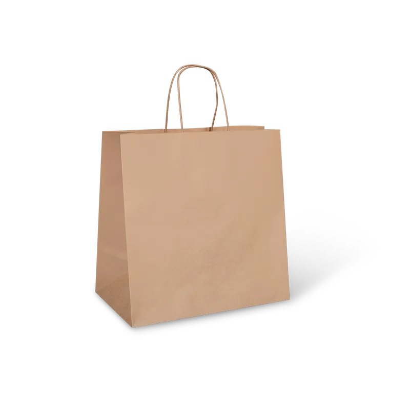 Large Brown Take Away Paper Bags (BROWN Handle) Uber Style 305mm(L) x 305mm(H) x 170mm(G) - Box of 250
