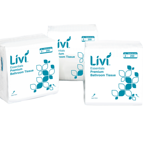 **CLEARANCE*** Livi 1006 Essentials Interleaved Toilet Tissue Paper 2 Ply 250 per pack - Box of 36 Packs