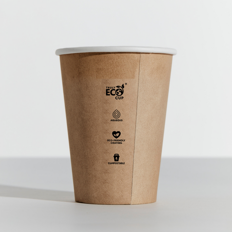 Truly Eco 10oz / 350ml SLIM KRAFT Single Wall Slim Coffee Cups 80mm Diameter, Home Compostable, Aqueous Coated - Box of 1,000