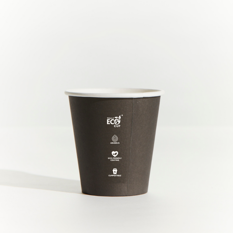 Truly Eco 8oz / 250ml SLIM BLACK Single Wall Slim Coffee Cups 80mm Diameter, Home Compostable, Aqueous Coated - Box of 1,000