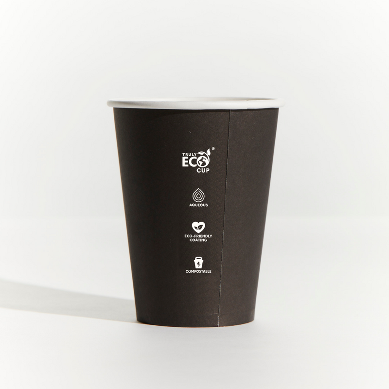 Truly Eco 10oz / 300ml SLIM BLACK Single Wall Slim Coffee Cups 80mm Diameter, Home Compostable, Aqueous Coated - Box of 1,000