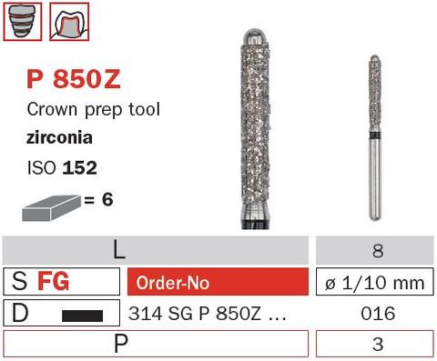 Diaswiss CrownPrep w/Pin Zircona P850Z/016 X-Coars