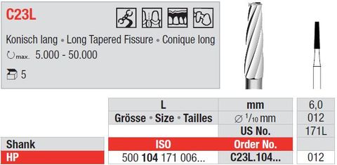 Edenta HP Tungsten Carbide Tapered Fissure C23L