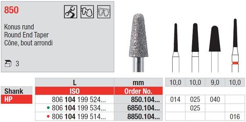 Edenta HP Long Round End Taper 850 Diamond