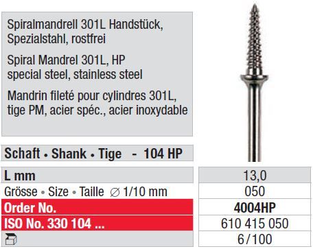 Edenta Spiral Mandrel Nickel Plated 4004HP