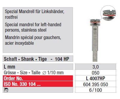 Edenta Left handed S/Steel Screw-Type Mandrel