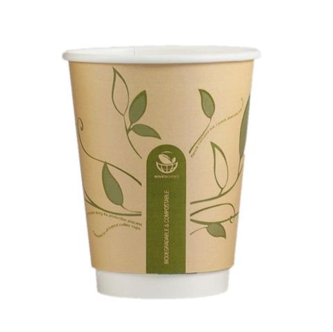 Coffee Cups smooth double wall compostable brown/green leaf paper 12oz 90mm (D)