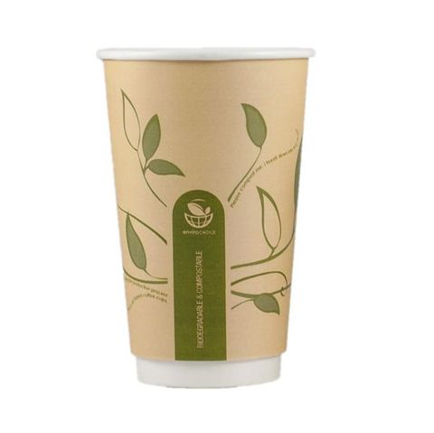 Coffee Cups smooth double wall compostable brown/green leaf paper 16oz 90mm (D)