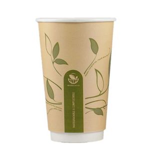 Coffee Cups smooth double wall compostable brown/green leaf paper 16oz 90mm (D)