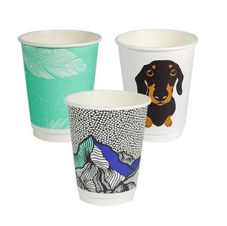 Coffee Cups smooth double wall compostable assorted design paper 12oz 90mm (D)