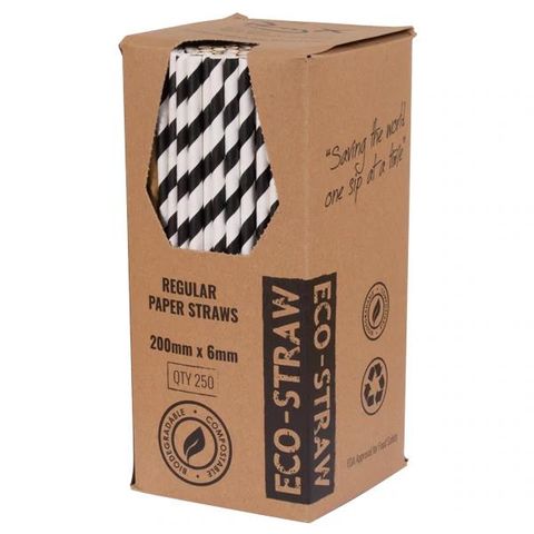 Straws Regular compostable black/white paper 6mm (D) 200mm (L) pkt 250