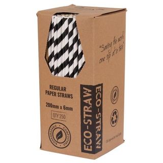 Straws Regular compostable black/white paper 6mm (D) 200mm (L) pkt 250