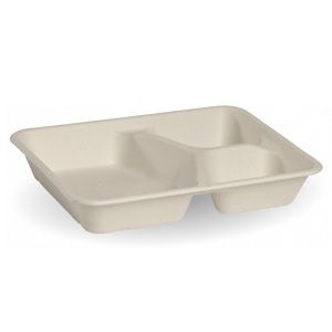 Trays 3 Compartment unhinged compostable natural bagasse rectangle 240mm (L) 180mm (W) 40mm (H)