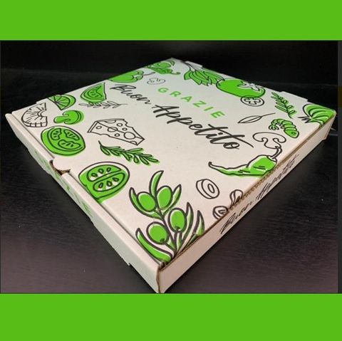 Boxes Pizza "Grazie" hinged recyclable green/white cardboard square 13"