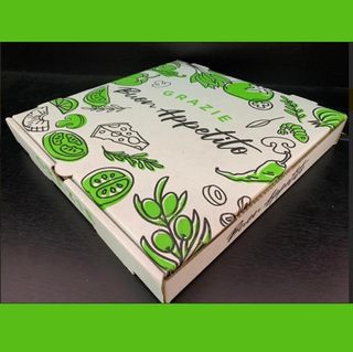 Boxes Pizza "Grazie" hinged recyclable green/white cardboard square 13"