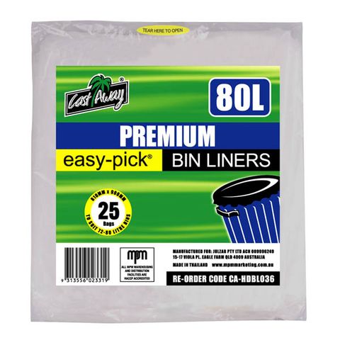 Bin Liners clear polyethylene high density 80L 900mm (L) 810mm (W)