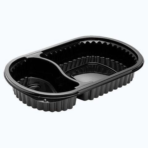 Containers Microwave homeal 2 compartment 620ml unhinged lid recyclable black polypropylene