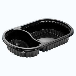 Containers Microwave homeal 2 compartment 620ml unhinged lid recyclable black polypropylene