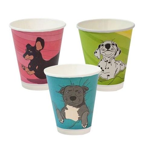 Coffee Cups smooth double wall compostable dog design paper 12oz 90mm (D)