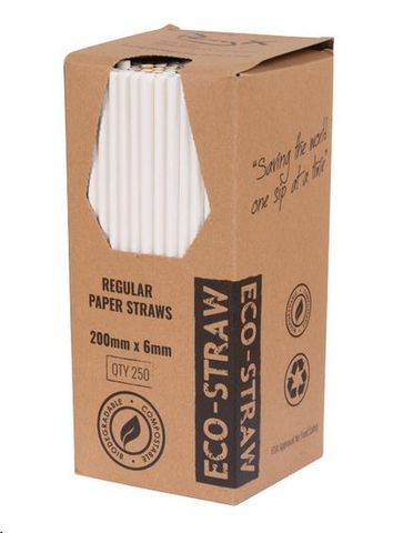 Straws Regular compostable white paper 6mm (D) 200mm (L) pkt 250