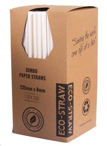 Straws Jumbo compostable paper white 8mm (D) 235mm (L)