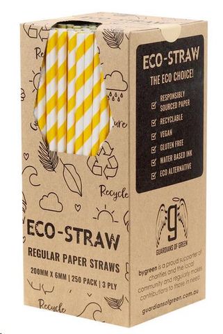 Straws Regular striped compostable yellow/white paper 6mm (D) 200mm (L) pkt 250