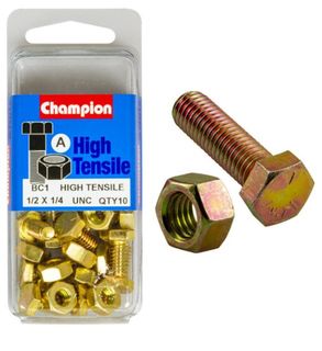 1/4'' UNC x 1/2''  Bolt &  Hex Nut - High Tensile Packet 10