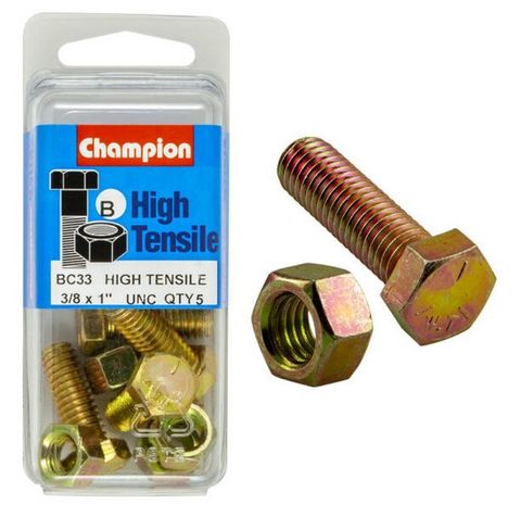 3/8'' UNC x 1'' Bolt &  Hex Nut - High Tensile Packet 5