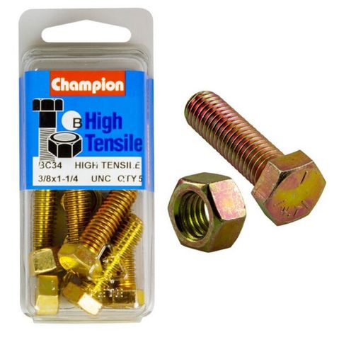 3/8'' UNC x 1-1/4'' Bolt &  Hex Nut - High Tensile Packet 5