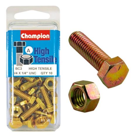 1/4'' UNC x 1''  Bolt &  Hex Nut - High Tensile Packet 10