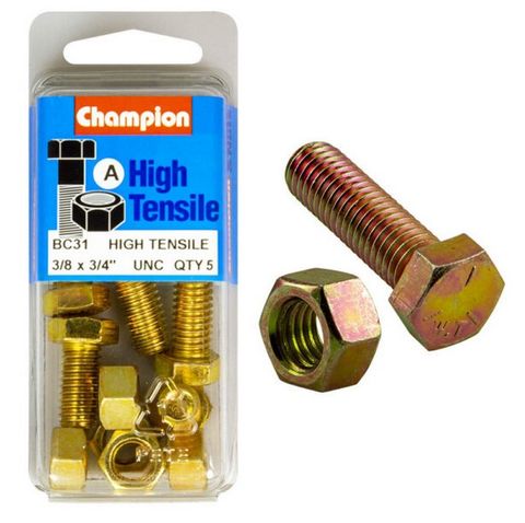 3/8'' UNC x 3/4'' Bolt &  Hex Nut - High Tensile Packet 5