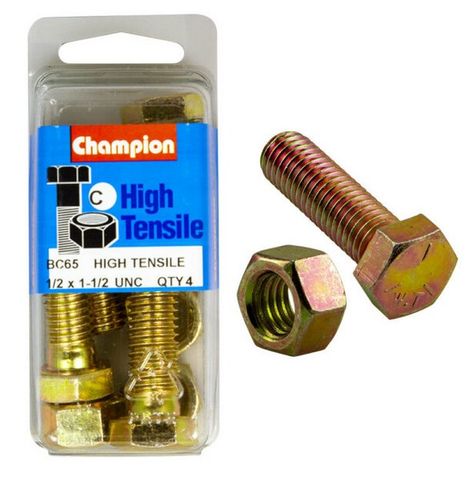 1/2" UNC x 1-1/2" Bolts & Hex Nuts High Tensile packet of 4