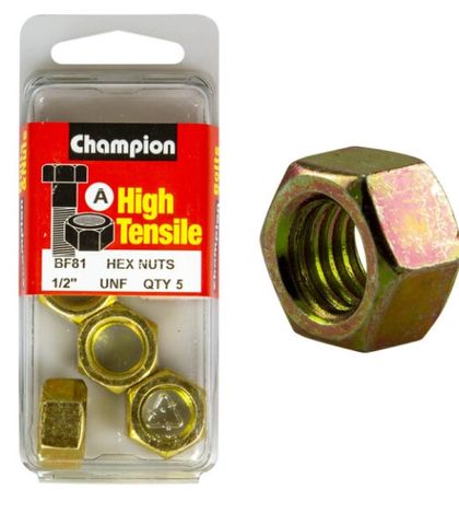 1/2" UNF Hex Nuts High Tensile packet of 5