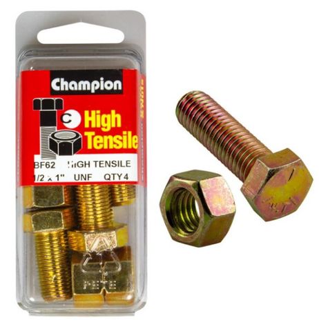 1/2" UNF x 1" Bolt & Hex Nut High Tensile packet of 4