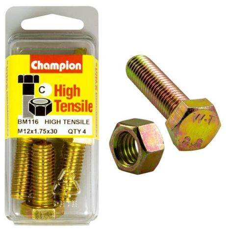 M12 x1.75 x 30mm Bolt & Nut - High Tensile Pkt4