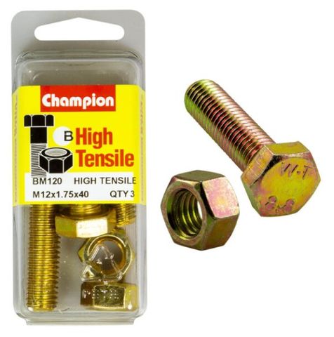 M12 x1.75 x 40mm Bolt & Nut - High Tensile Pkt3