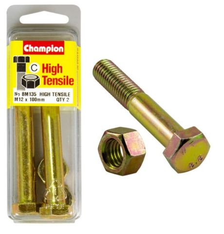 M12 x 1.75 x 100mm Bolt & Nut - High Tensile Pkt 2